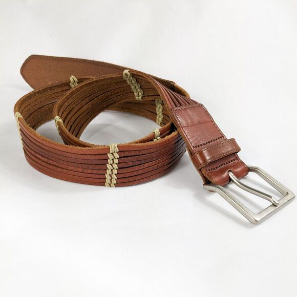 Talbots Leather Belt Boho Brown Cream Taupe Medium Silver Buckle Casual Layer L - Picture 1 of 10